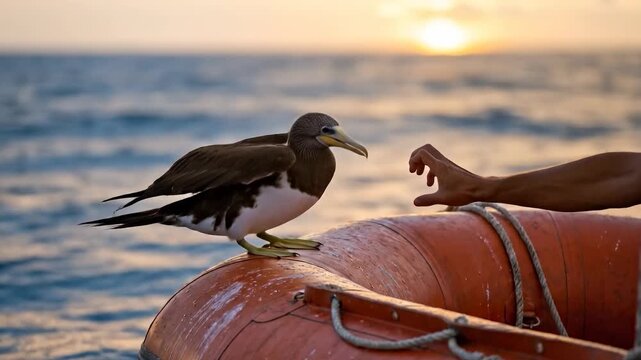A brown booby bird stands on an orange inflatable raft. A human hand reaches toward the bird. Ocean waves and sunset in the background. Wildlife observation during a sea trip.