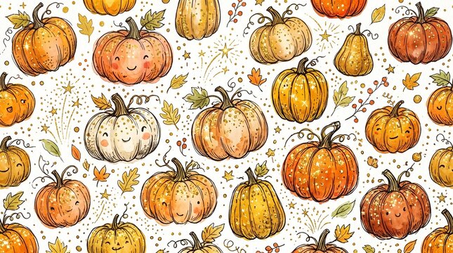 Seamless repeating pattern featuring hand drawn orange pumpkins with golden glitter accents on a clean white background for autumn