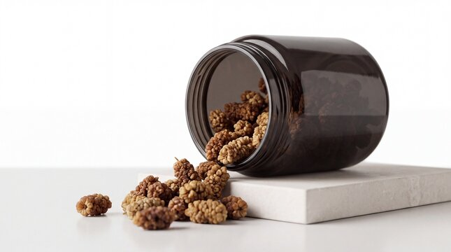 Dried White Mulberries Spilling from an Amber Glass Jar on White Marble Pedestal
