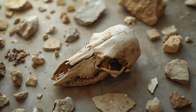 Aged animal skull resting among scattered stones on a flat surface