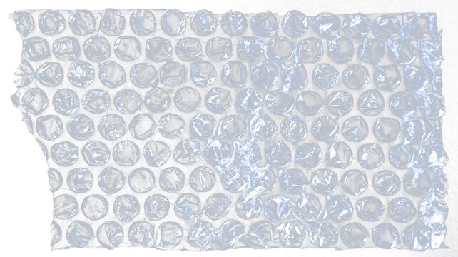 Clear bubble wrap plastic sheet fragment with jagged edges for protective packaging, shipping material, cushioning, and mockup design