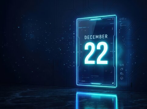 Digital glowing calendar screen showing the date december 22 with a futuristic blue light effect