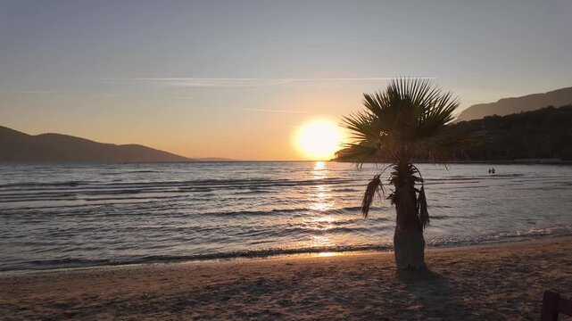 Akyaka beach in Mugla, Turkey, at sunset with a palm tree silhouette on the sand and the sun setting beside it over the calm waves of the Gulf of Gokova, mountains behind