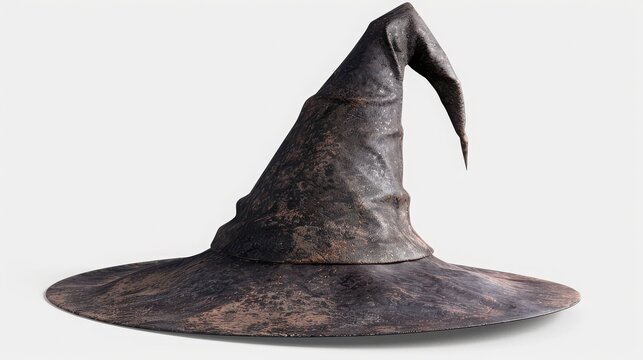Wizard hat made of brown aged leather with a wrinkled pointed tip isolated on a neutral white background.