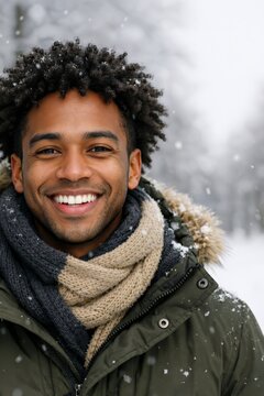 Smiling man in winter coat and knitted scarf in snowy forest for outdoor portrait background and seasonal lifestyle banner