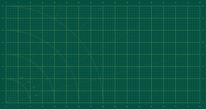 Green technical graph with coordinate grid, curved arcs and angle guides. Polar plotting chart for geometry and engineering calculations. Mathematics, measurement and drafting reference.