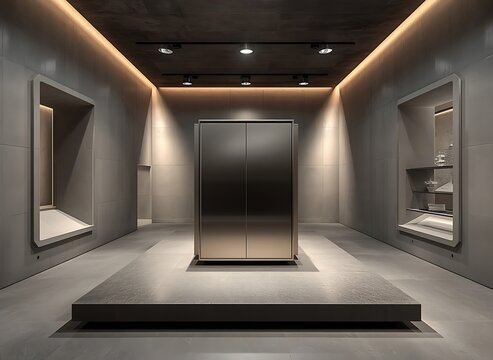 Minimalist metal cabinet standing on a central platform in modern room