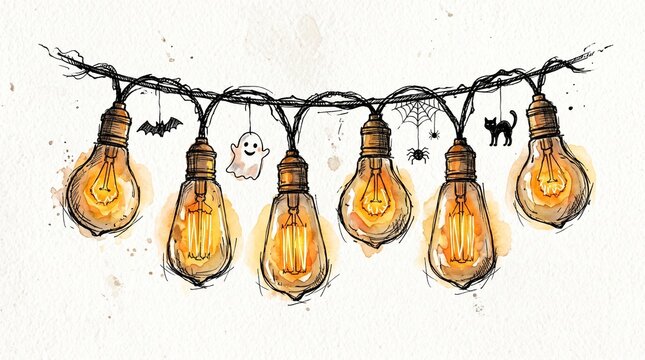 Watercolor illustration of vintage edison light bulbs hanging as decorative festive string lights on white background with drawing vintage