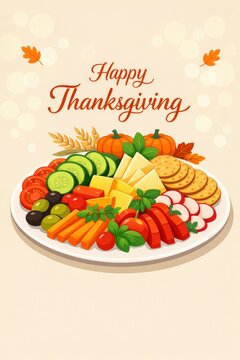 Colorful thanksgiving vegetable and cheese platter with crackers and pumpkins for holiday background and festive poster design