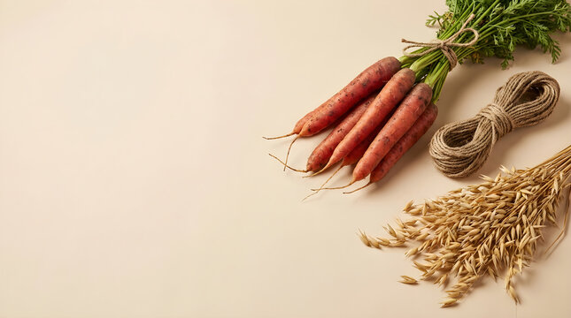 Fresh organic carrots bunch, raw farm root vegetables, natural wheat and twine