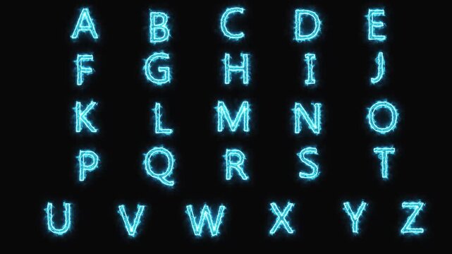 Alphabet animation displays glowing English letters from A through Z. Typography branding design concepts guide alphabet. Educational media uses alphabet animation.