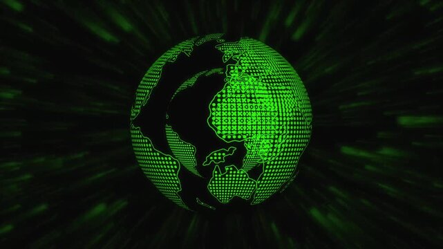 Digital globe animation rotates with data orbits and network trails. Global telecommunication data routes across digital globe. Planetary systems power digital globe.