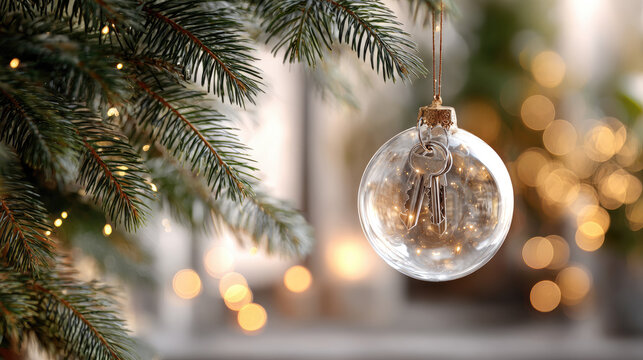 Christmas ornament featuring a golden house key hanging from a festive pine branch. Symbolizing new home ownership. Real estate dreams. Property purchase goals