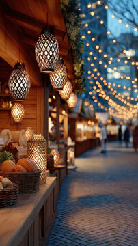 St. Martin's day lanterns illuminating a vibrant street market stall displaying pumpkins and festive decorations, creating a warm and inviting evening atmosphere
