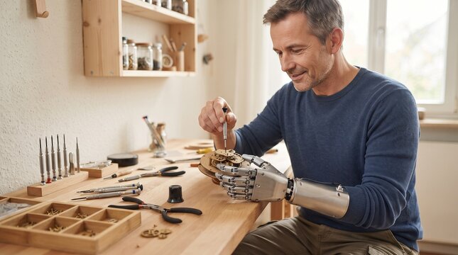 Smiling man with a bionic prosthetic arm repairing a mechanical wooden clock movement at a desk.