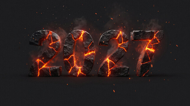 New Year 2027 glowing obsidian stone numbers with hot lava cracks on