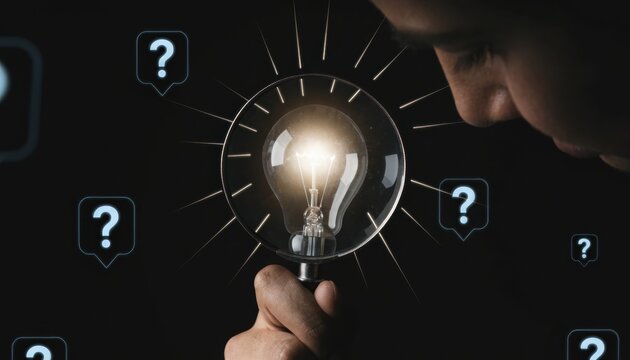 Person examining a glowing lightbulb through a magnifying glass surrounded by question marks