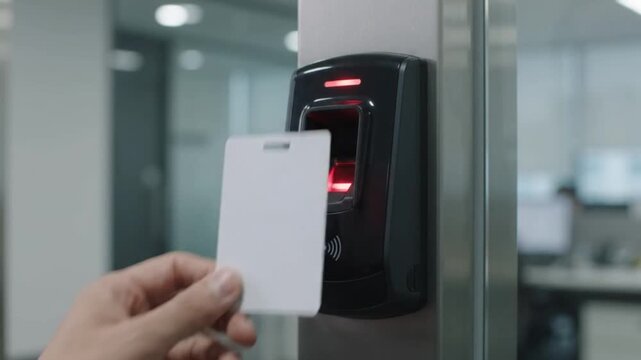 Biometric fingerprint scanner device mounted on a modern office door