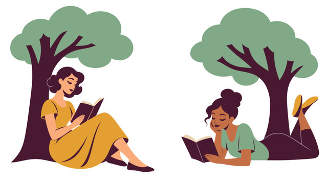 Women reading books beneath leafy trees