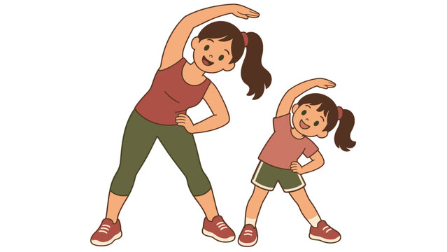 Woman and girl doing a standing side stretch together
