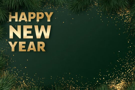 Celebration of a happy new year in a festive setting with a green background and golden text