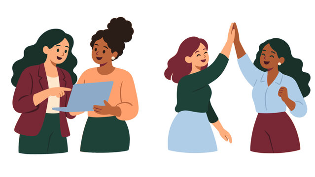 Women collaborating over a laptop and celebrating with a high five