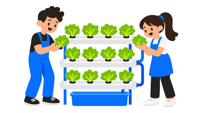 People harvesting leafy greens from a hydroponic growing system