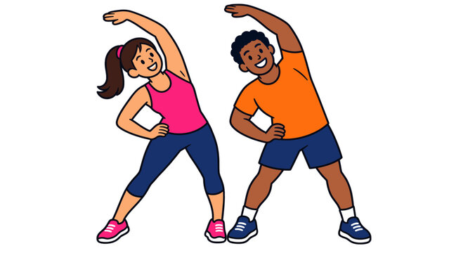 Smiling pair performing a standing side stretch