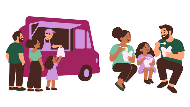 Family ordering takeout from a food truck and sharing a meal
