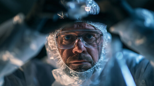 Scientist in Protective Gear Looking Down During Laboratory Research