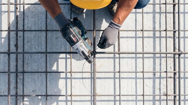 Construction Worker Using Rebar Tying Tool on Steel Mesh