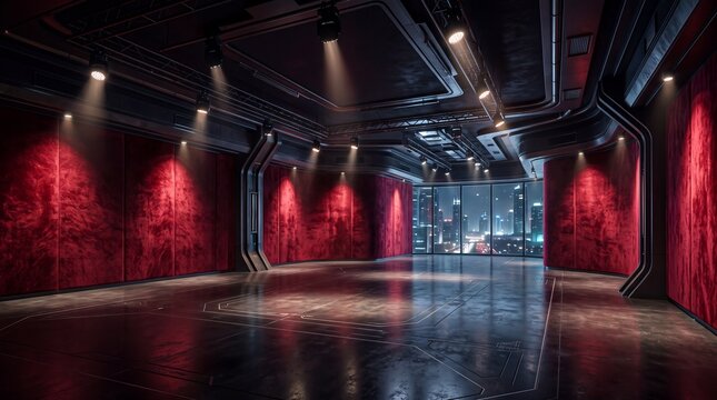 Futuristic Empty Showroom Interior with Red Textured Walls