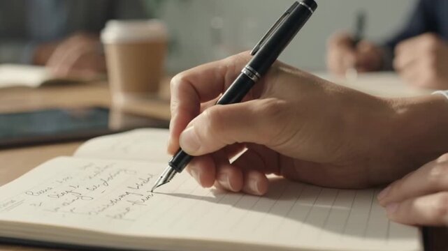 Person writing with a fountain pen in a notebook at an office desk