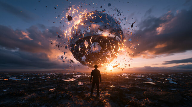 Man Standing Before Exploding Mirrored Sphere at Sunset