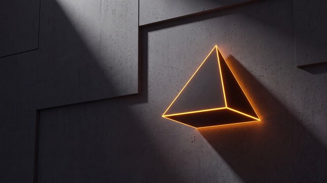 Abstract Glowing Geometric Pyramid on Dark Concrete Wall