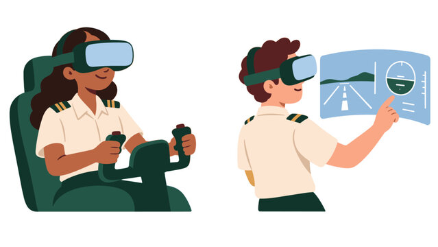 Pilots training with a virtual reality flight simulator