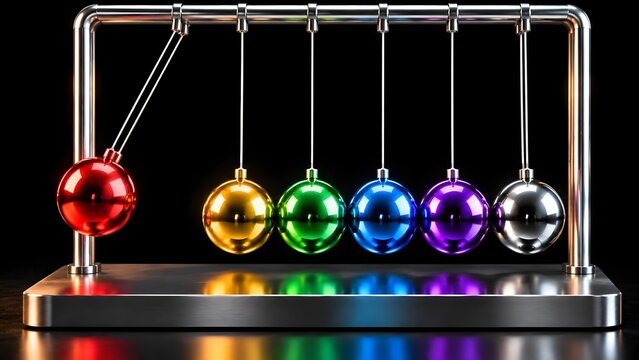 Newtons cradle concept with colorful metallic spheres demonstrating physics momentum and cause effect