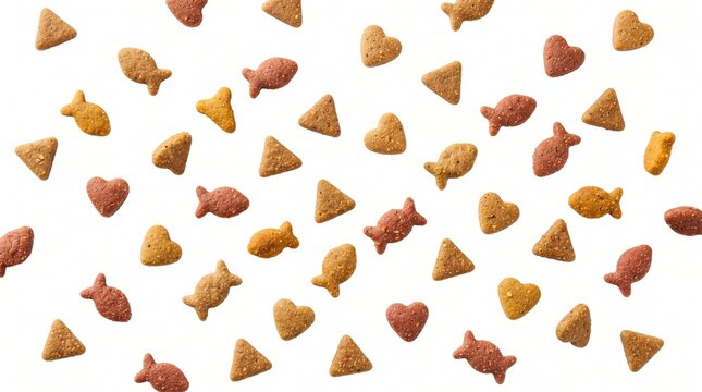 Pattern of assorted dry pet food kibbles on white
