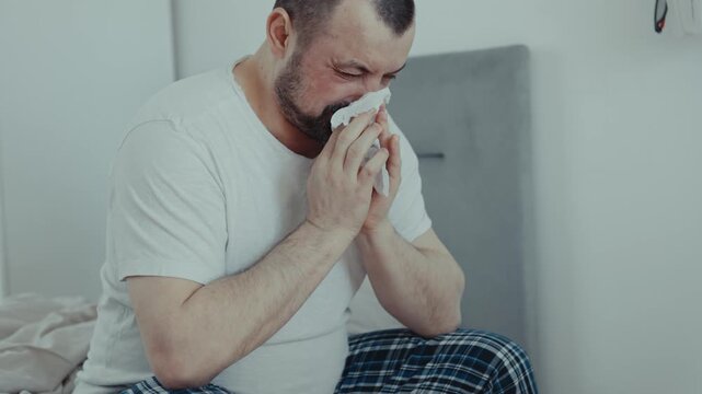Medium shot of a sick man in white shirt wiping nose with tissue in bed