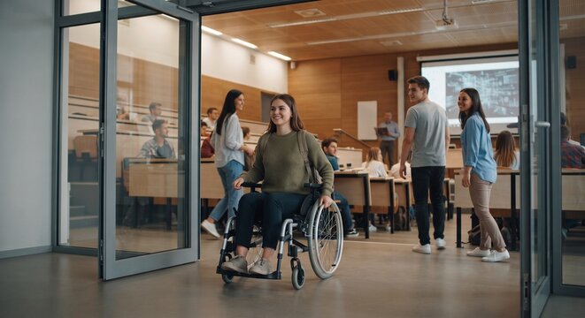 Happy disabled university student in wheelchair entering modern lecture hall classroom door.