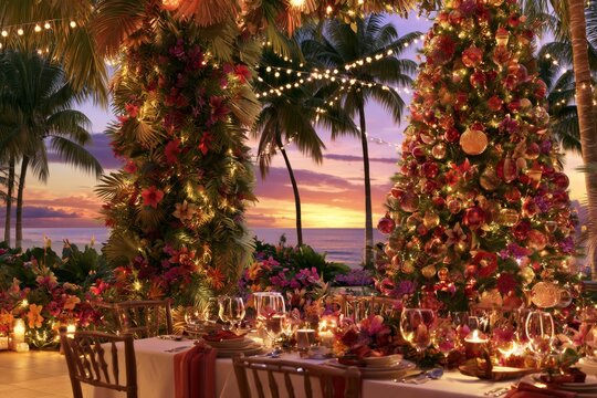 Beautiful outdoor dining setup with a decorated Christmas tree and sunset view over the ocean
