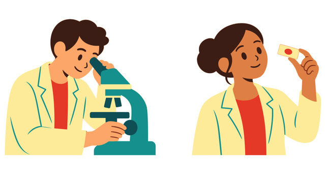 Scientists examining a sample with a microscope