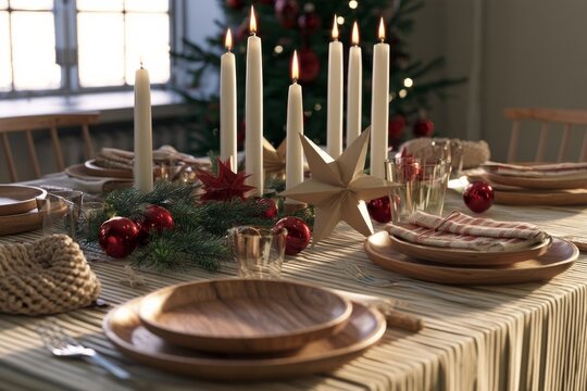 Dining table set for a holiday meal with decorations and candles in a cozy indoor setting