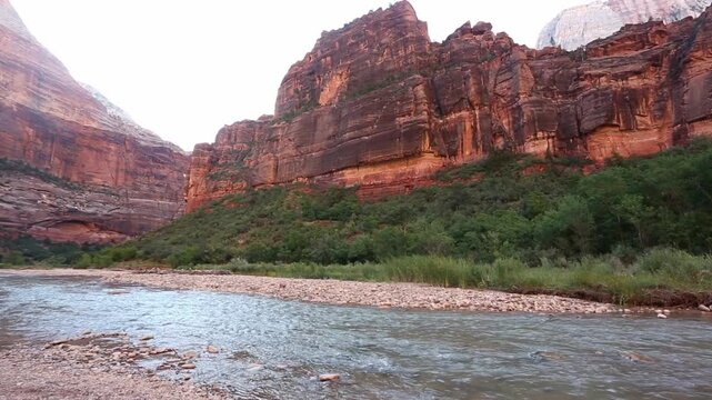 The Virgin River flowing between the Organ and the Touchstone Wall at Big Bend in Zion National Park, Utah