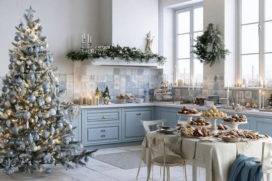 Decorating a kitchen for Christmas with a tree, food, and holiday decorations