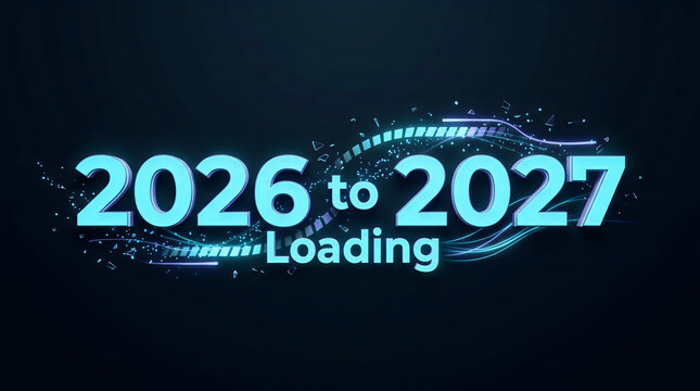 A futuristic loading screen with a neon blue design displaying the years 2026 to 2027