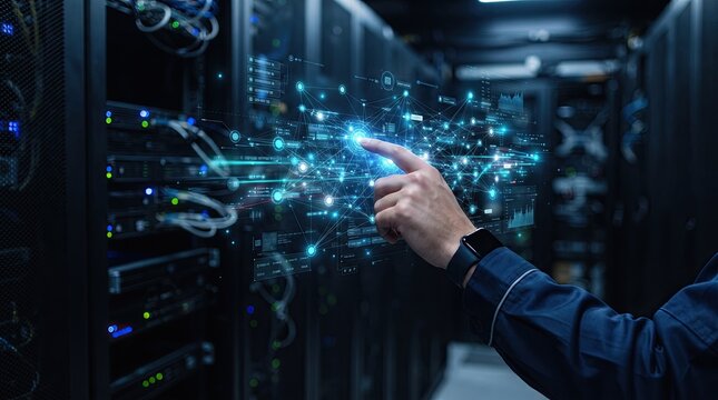 Data center server room with a person interacting with virtual interface