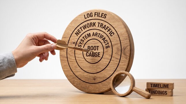 Hand aiming dart at a wooden target board with digital forensics and cybersecurity incident investigation concept