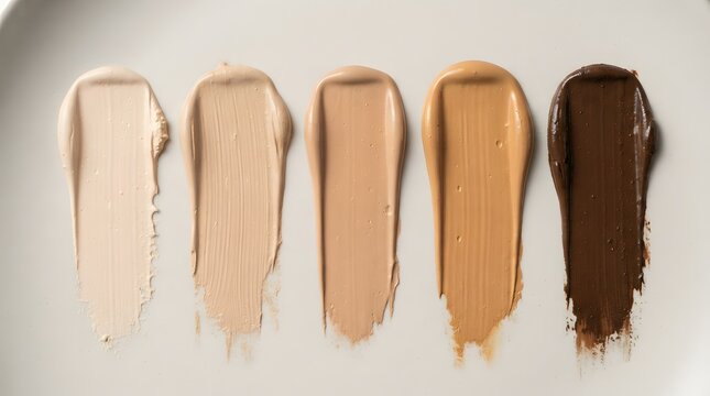 Five different shades of liquid foundation makeup swatches