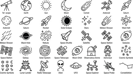 Space Exploration and Astronomy Line Icon Set Featuring Rocket, Planet, Astronaut, Galaxy, Telescope, Satellite, and Alien Symbols for Science Designs © sreebinodchandra
